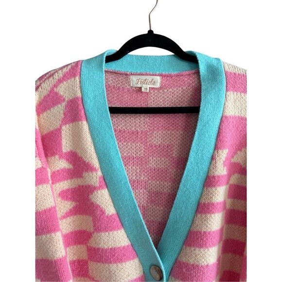 Listicle Womens Pink Blue Geometric Retro Button Front Oversized Cardigan Medium - Picture 2 of 8